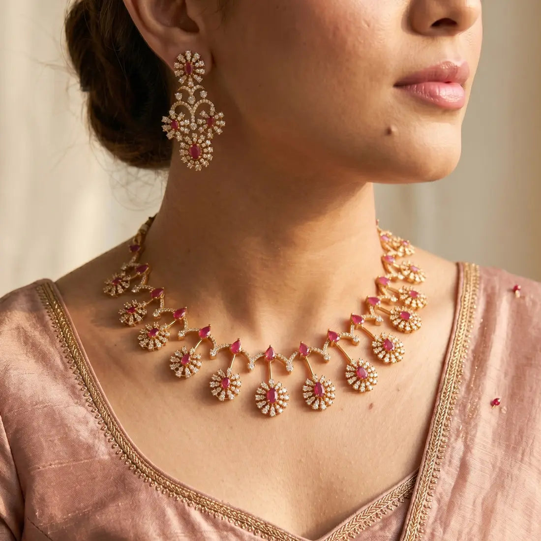 New Arrivals - Discover Jewellery Just Arrived: Elegant necklace and earring set worn by a model.