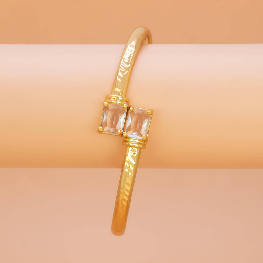 Gold Plated Dual Rectangle Stone Cuff Bangle - Crystal Clear