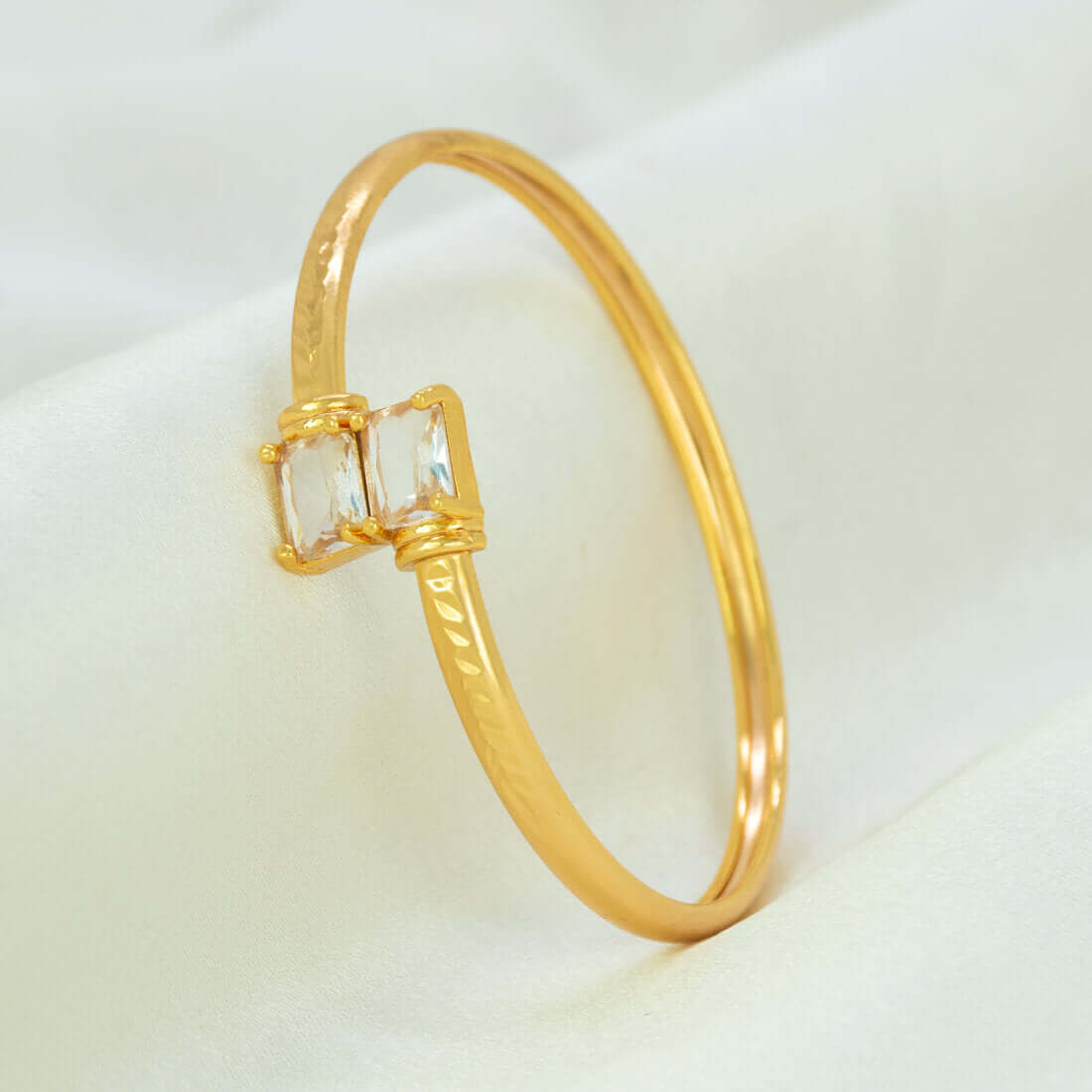 Gold Plated Dual Rectangle Stone Cuff Bangle - Crystal Clear
