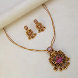 Pink Stone Antique Lakshmi Pendant Necklace Set
