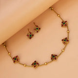 Antique Floral Design Choker Necklace Set with ruby red and multicoloured stones, elegant floral motifs and gold-tone finish.