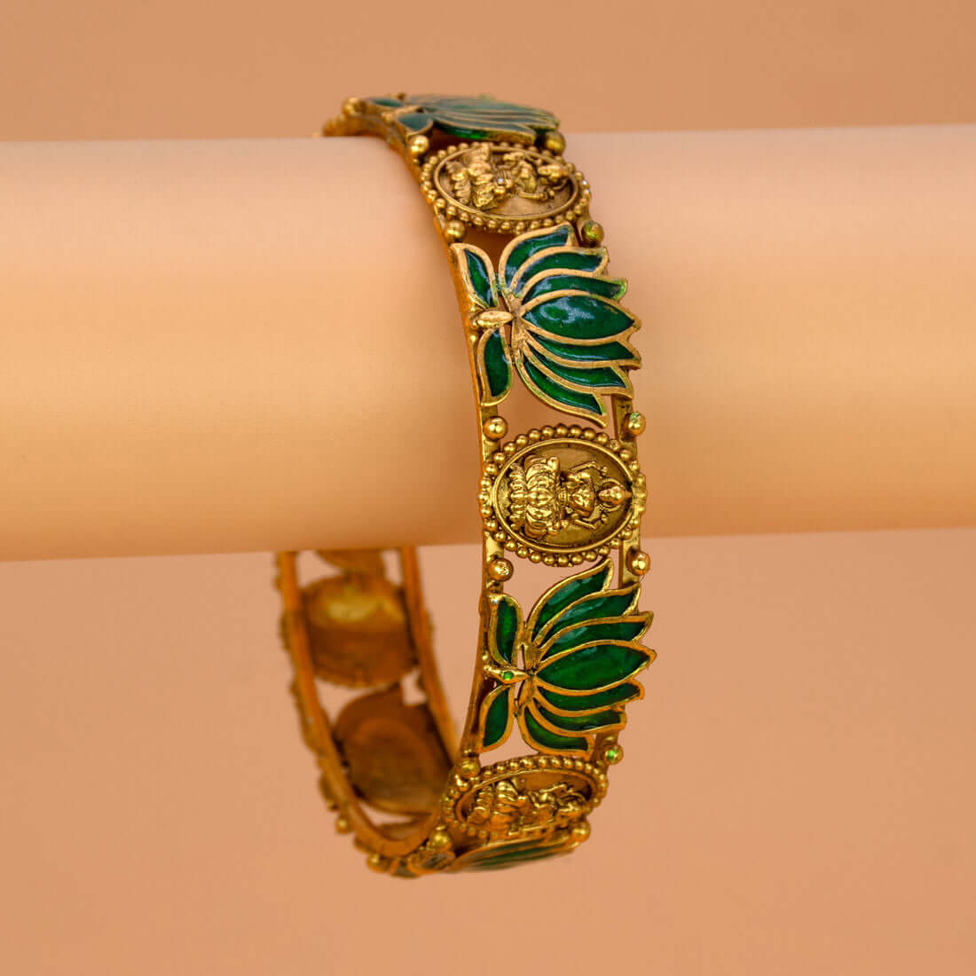 Ethnic Antique Gold Plated Lakshmi Lotus Bangle - Green