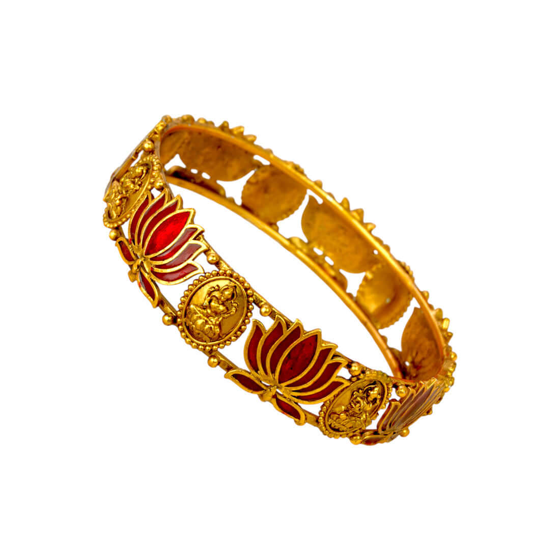 Ethnic Antique Gold Plated Lakshmi Lotus Bangle - Red