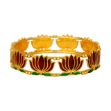 Matte Gold Plated Lotus Enamel Bangle with intricate lotus motifs in dark red and green enamel detailing.