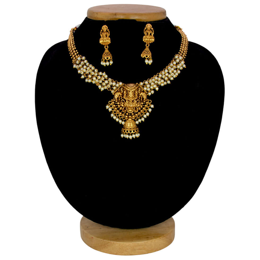 Antique Gold Plated Lakshmi Gunghroo Necklace Set- Pearl White