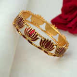 Matte Gold Plated Lotus Enamel Bangle with intricate dark red lotus motifs and rich detailing.