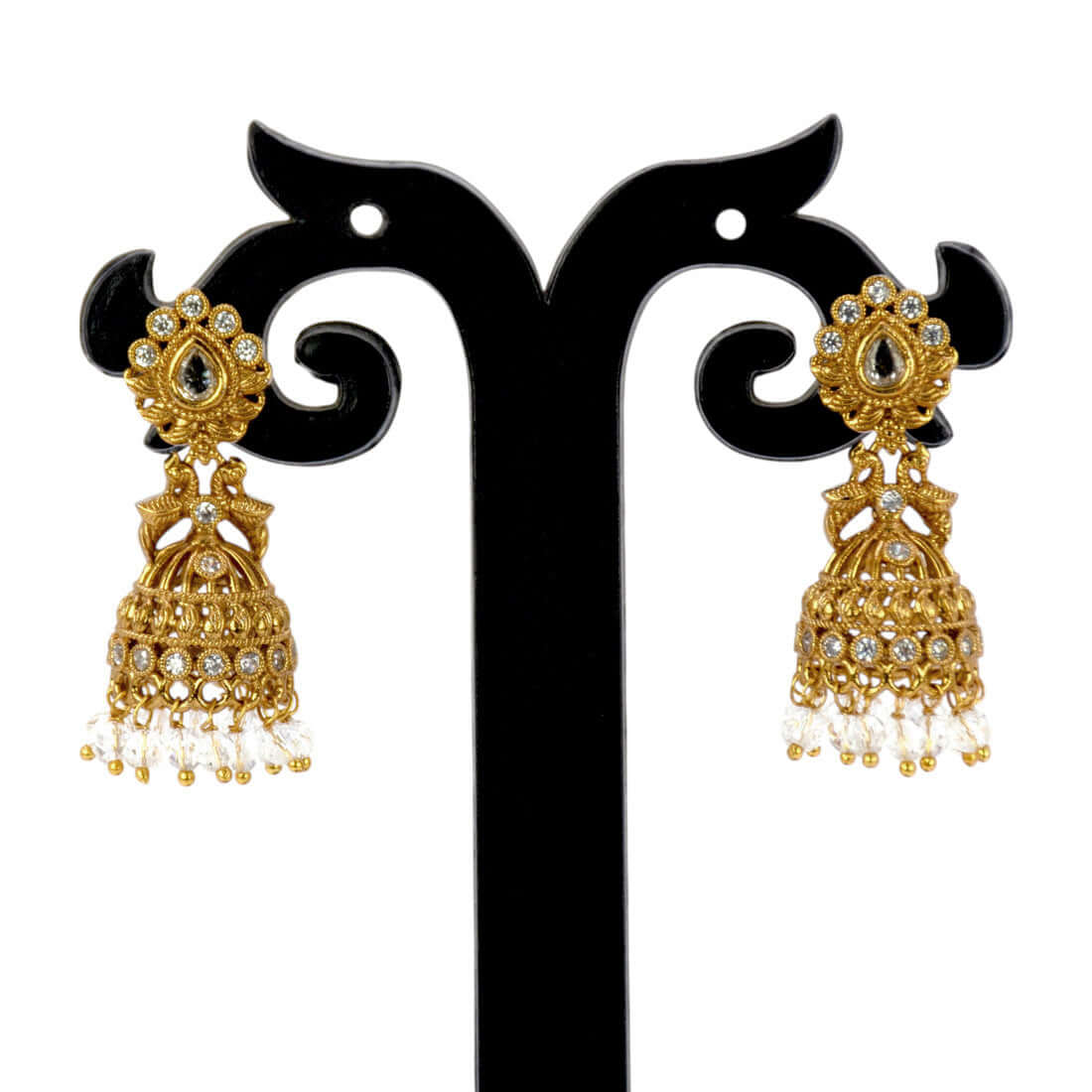 Small Antique Gold Plated Twin Peacock Stone Jhumkas on display with intricate design and dangling beads.
