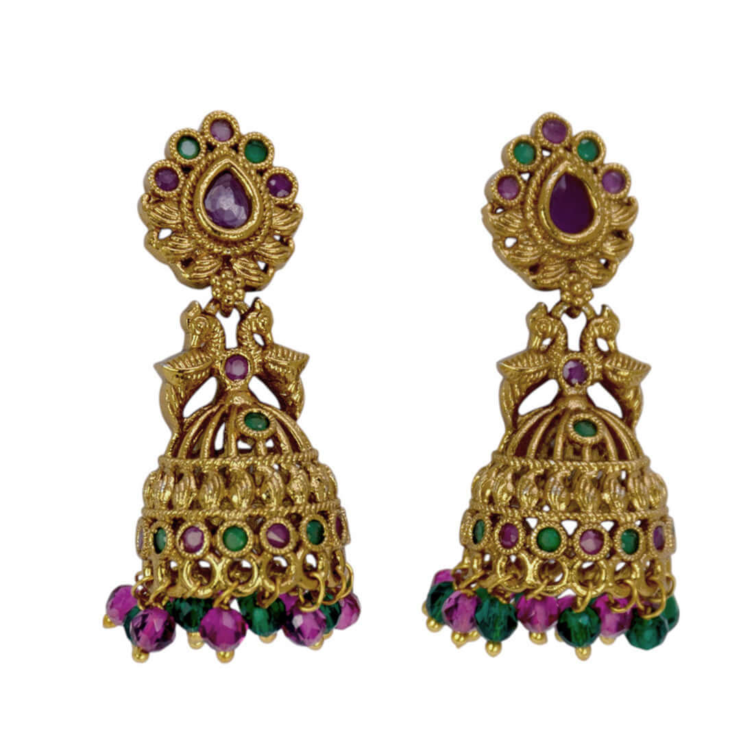 Small Antique Gold Plated Twin Peacock Stone Jhumkas with intricate design and colorful stones.