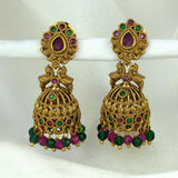 Small Antique Gold Plated Twin Peacock Stone Jhumkas