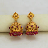 Antique Matte Kemp Stone Crystal Hanging Jhumka -Ruby Red