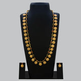 Traditional Antique Lakshmi Kasu Kemp Long Chain Set displayed on a black bust showcasing intricate gold coins and Kemp stones.