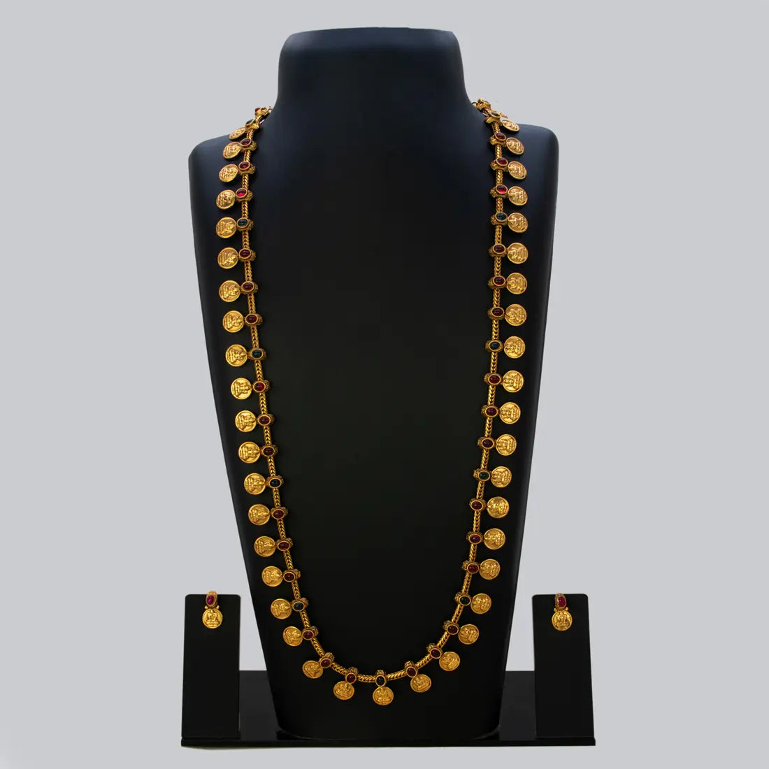 Antique Kemp Stone Lakshmi Kasu Long Necklace Set - Multi