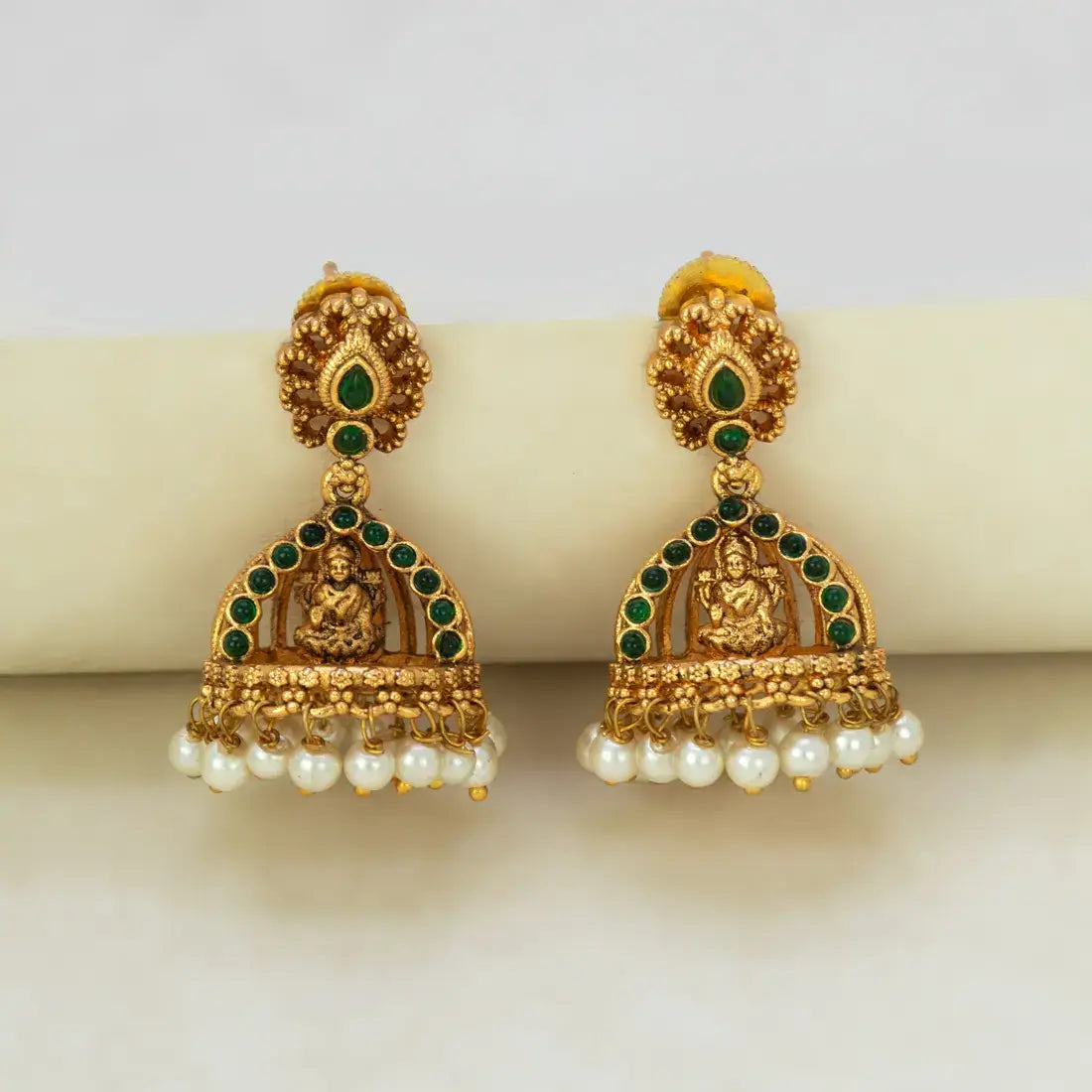Antique Gold Plated Kemp Lakshmi Temple Jhumka - Green