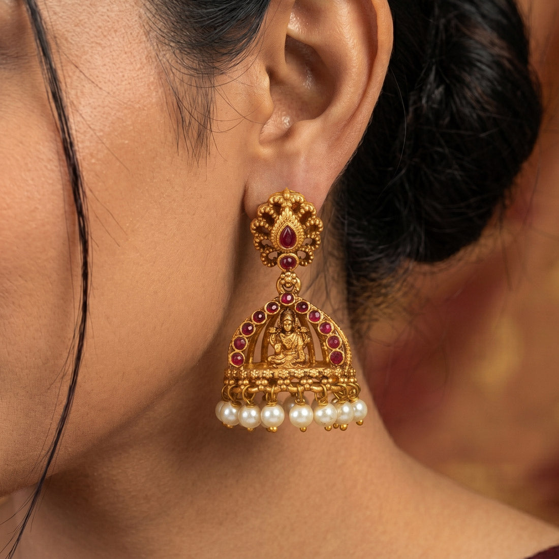 Antique Gold Plated Kemp Lakshmi Temple Jhumka - Ruby Red