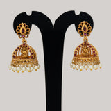 Antique Gold Plated Kemp Lakshmi Temple Jhumka - Ruby Red