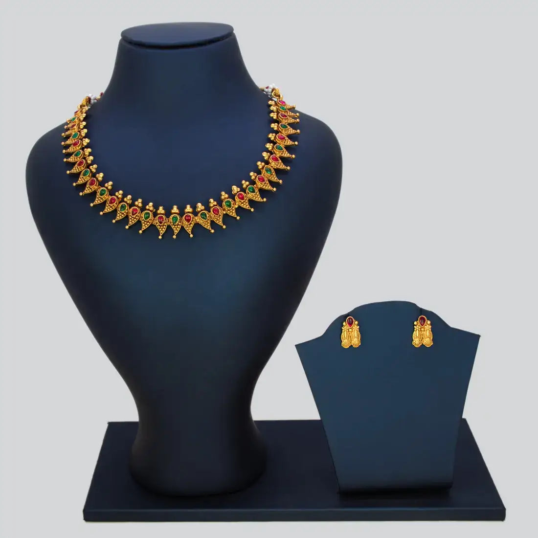 Antique Mango Design Kemp Stone Necklace Set - Multi colour