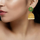 Antique Matte Floral Stone Jhumka with Pearl Danglers