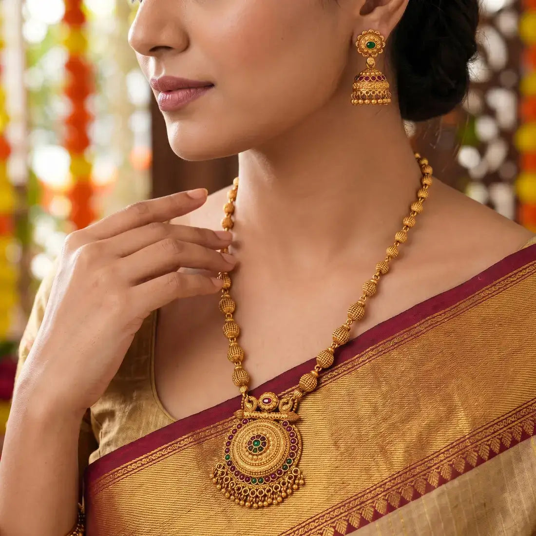 Antique Gold Beaded Multi-Colour Kemp Long Necklace Set worn by model, showcasing intricate design and vibrant kemp stones.