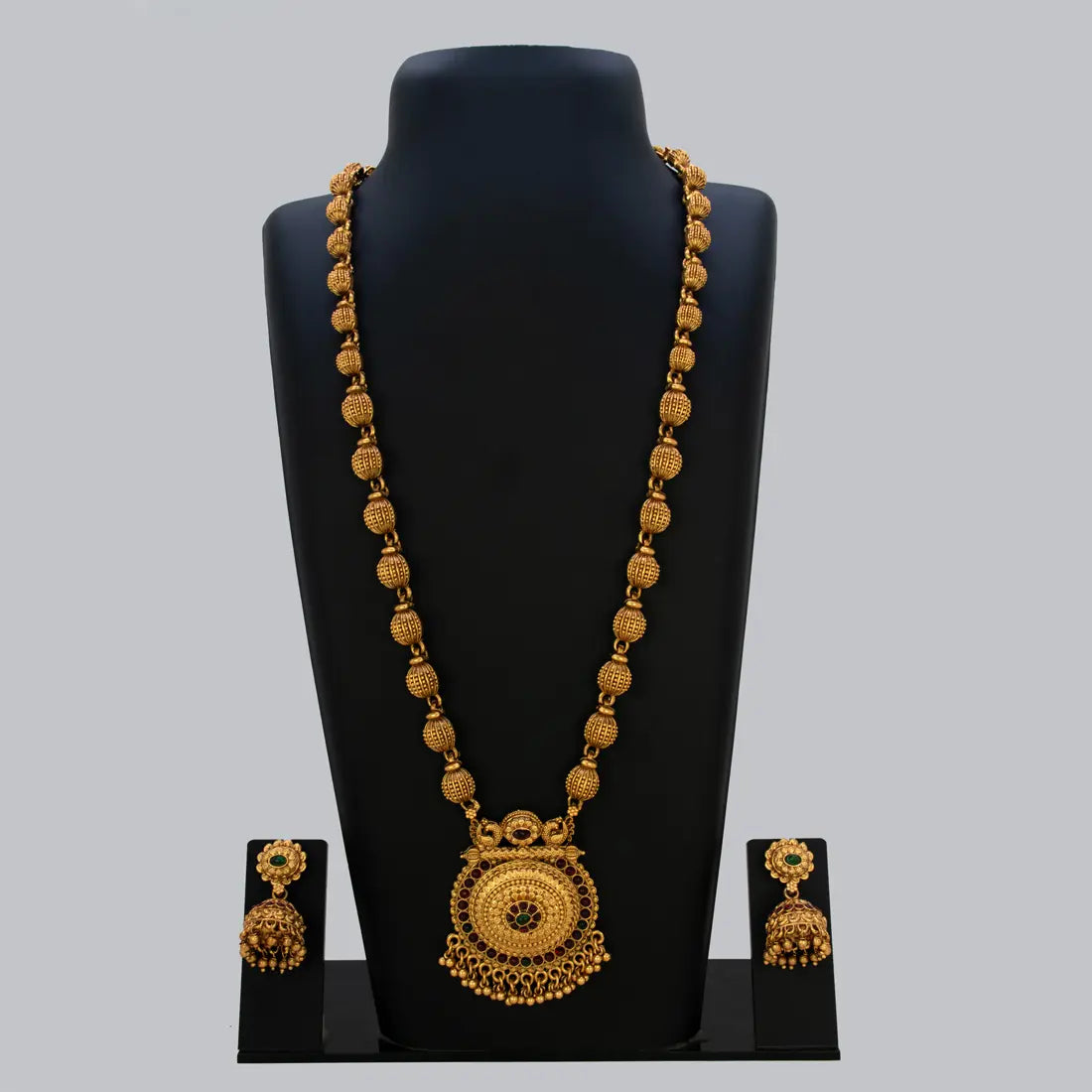 Antique Gold Beaded Multi-Colour Kemp Long Necklace Set displayed on a black bust with matching earrings.