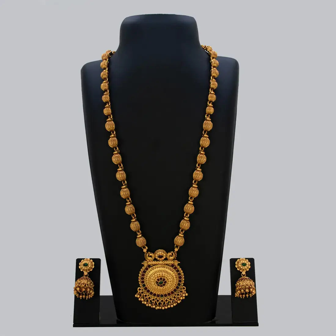 Antique Gold Beaded Multi-Colour Kemp Long Necklace Set displayed on a black bust with matching earrings.