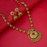 Antique Gold Beaded Multi-Colour Kemp Long Necklace Set with ornate earrings on a red background.