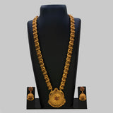 Antique Gold Peacock Kemp Stone Long Chain Necklace Set displayed on a bust with matching earrings.
