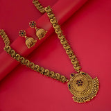 Antique Gold Peacock Kemp Stone Long Chain Necklace Set featuring intricate peacock motifs and kemp stones.