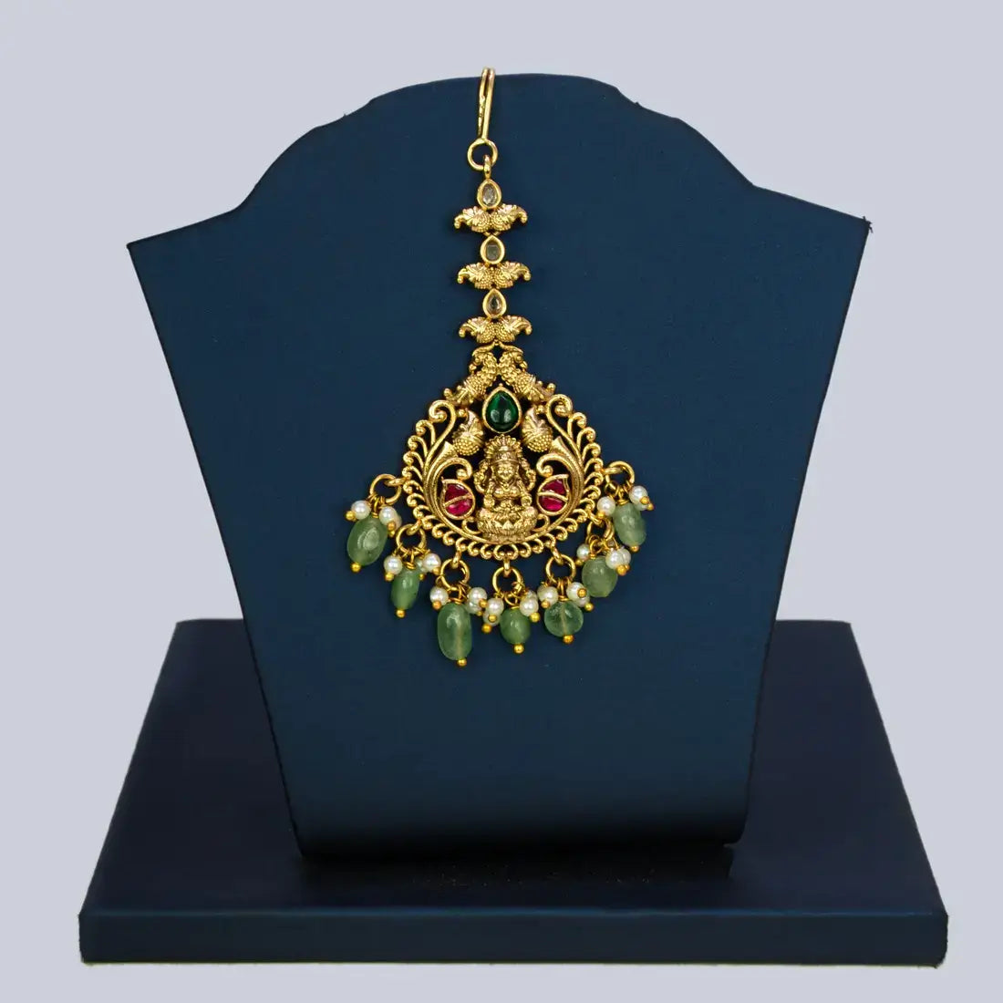 Antique Lakshmi Kemp Stone Pearl Hanging Maang Tikka