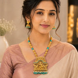 Antique Temple Gajalakshmi Pendant Necklace Set - Green