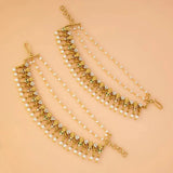 Floral Gold Plated Ruby Emerald CZ Pearl Ear Chain showcasing intricate gold motifs and cascading pearl layers.