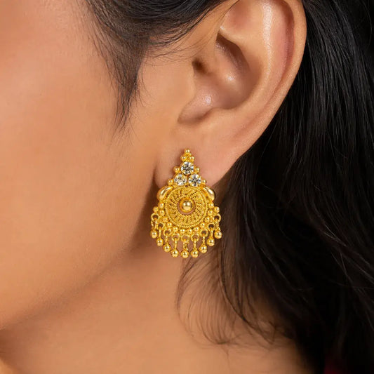 Gold Plated Bead Hanging Mesh CZ Stone Studs featuring intricate gold beadwork and cubic zirconia stones.