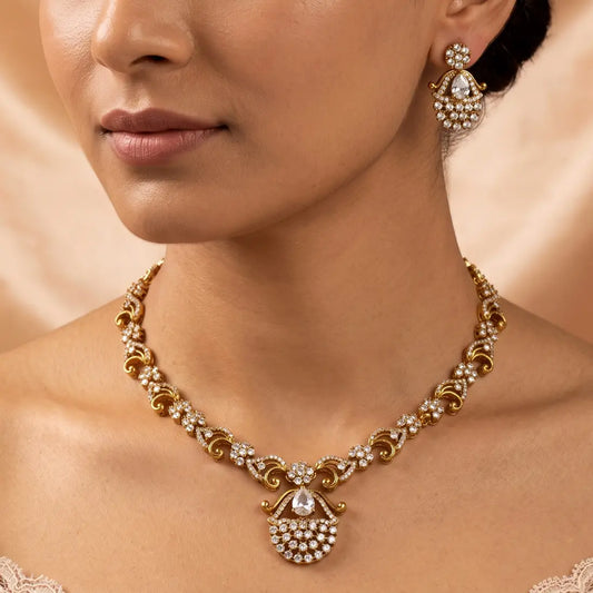 Antique Gold Scroll Design CZ Stone Victorian Necklace Set