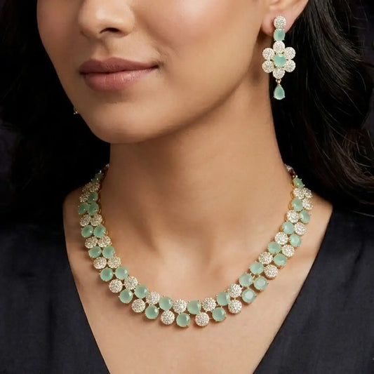 Grand Gold Plated CZ Pastel Green Necklace Set with floral-inspired design and matching earrings.