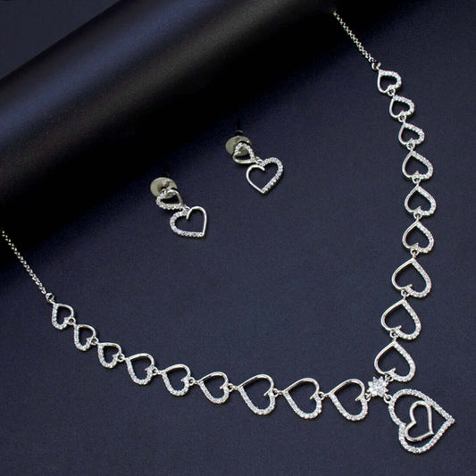 Premium Fashion Silver Polish AD Hearts Necklace Set