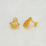 Dual Floral Design Gold Plated CZ Stone Stud Earrings with sparkling cubic zirconia stones on a gold-plated base.