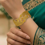 Elegant Floral Design Gold Plated Broad Bridal Bangle