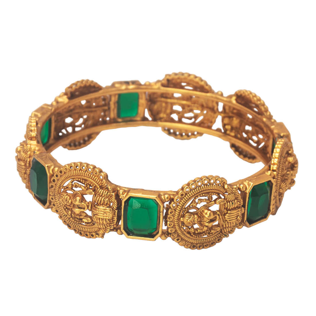 Antique Gold Plated Big Square Emerald Stone Lakshmi Bangle