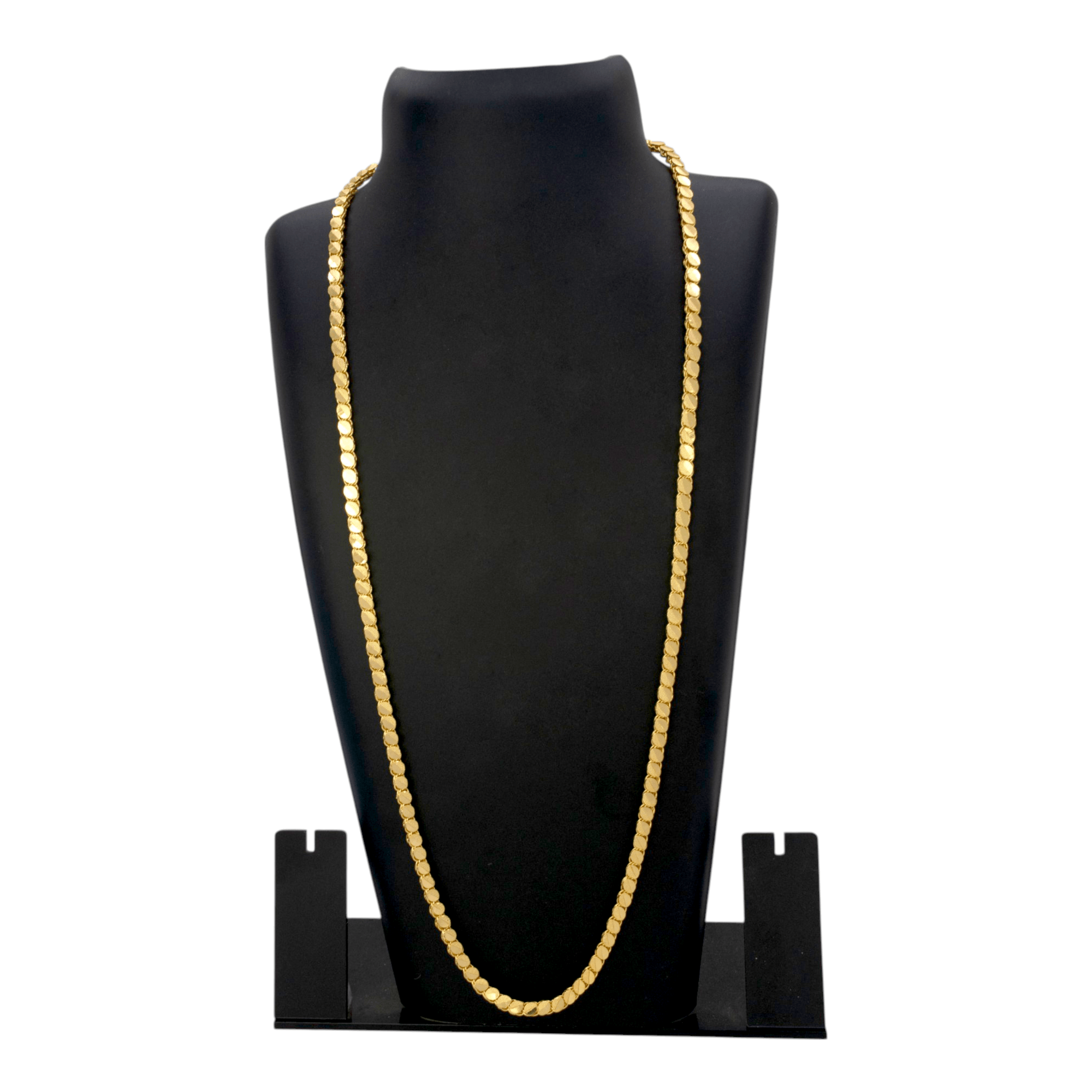 Elegant Designer Gold Plated Chain -10 P displayed on a black jewelry stand, showcasing its stunning shine.