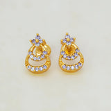 Gold Plated Floral Twin Crescent Stone Stud Earrings - Purple CZ