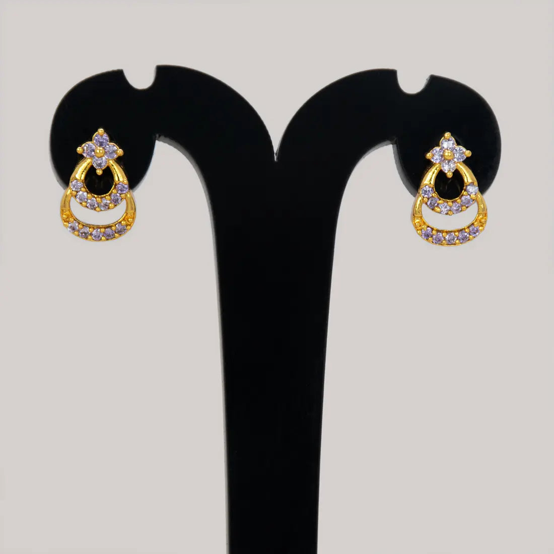 Gold Plated Floral Twin Crescent Stone Stud Earrings - Purple CZ