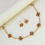 Floral Kemp Stone Antique Gold Choker Necklace Set with ruby-red marquise flower motifs and matching earrings.