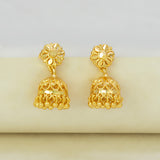 Gold-Plated Small Floral Jhumka Earrings showcasing intricate filigree design and elegant bell drop in gold.