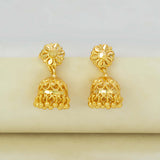 Gold-Plated Small Floral Jhumka Earrings showcasing intricate filigree design and elegant bell drop in gold.