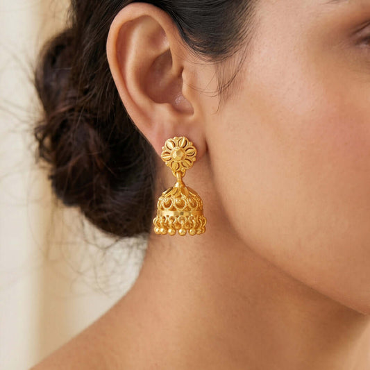 Gold-Plated Small Floral Jhumka earrings showcased on a woman, highlighting traditional Indian craftsmanship.