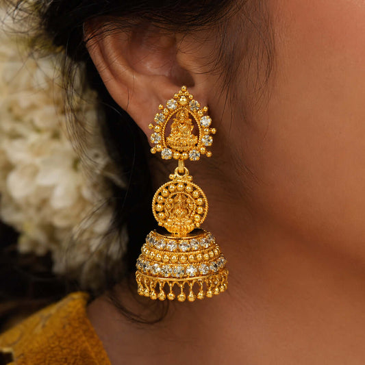 Gold Plated CZ Stone Lakshmi Temple Jhumka earrings showcasing a tiered design with intricate beads and CZ stones.
