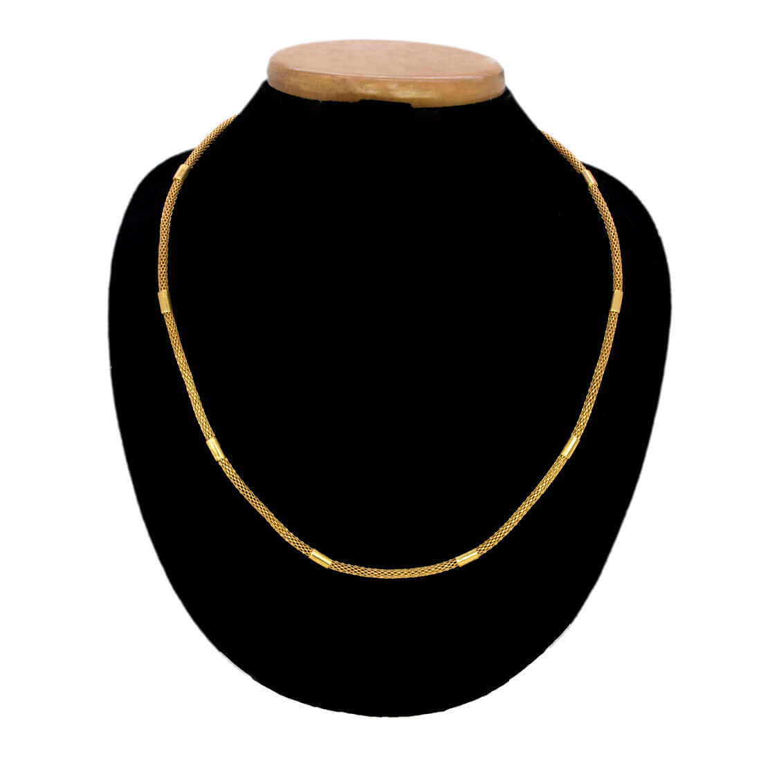 Elegant Gold Plated Mesh Pipe Chain displayed on a jewelry neck stand against a black background.