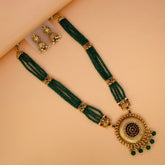 Ethnic Matte Gold Lakshmi Green Beads Long Chain Set