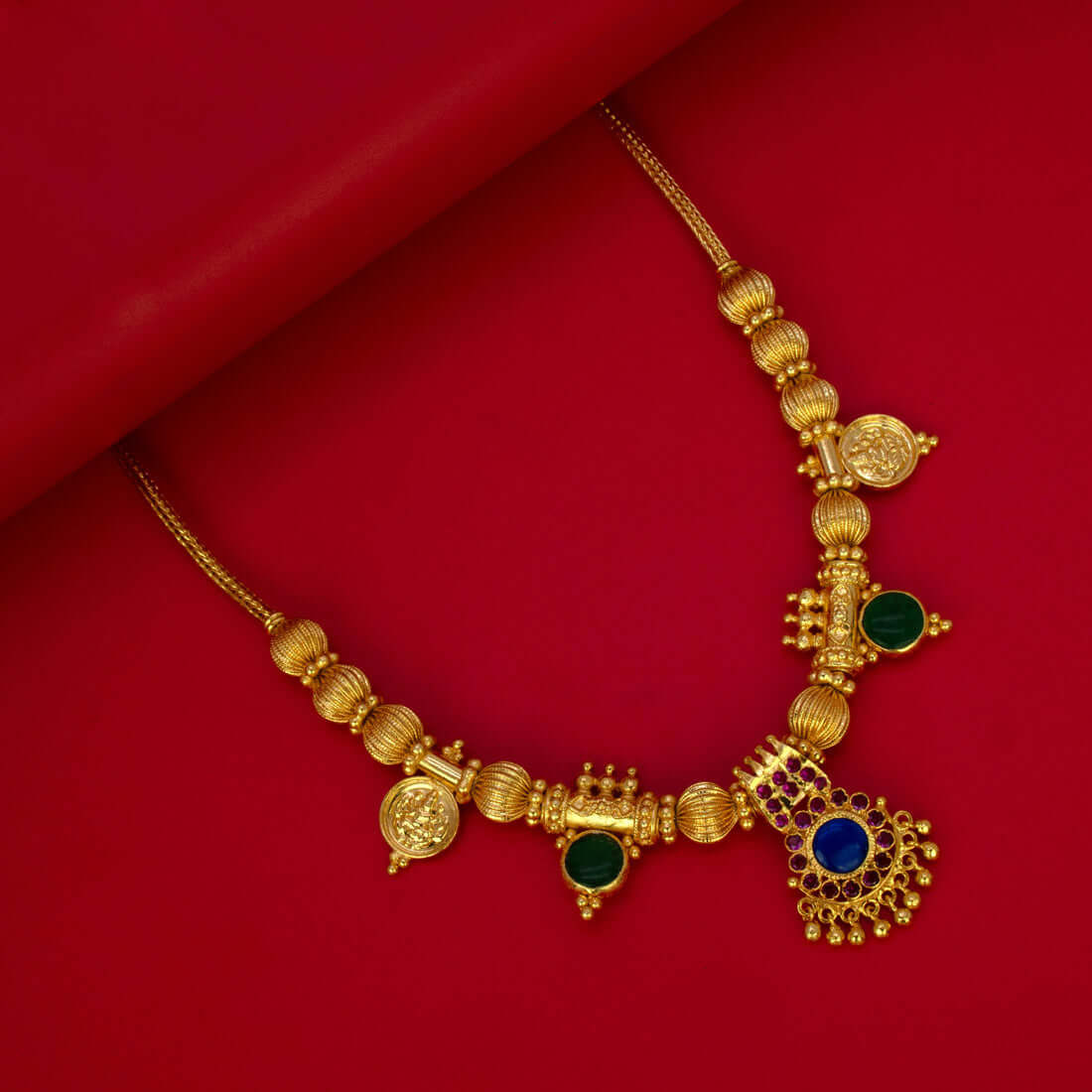 Gold-Plated-Ruby-Palakka-Beaded-Kasu-Necklace