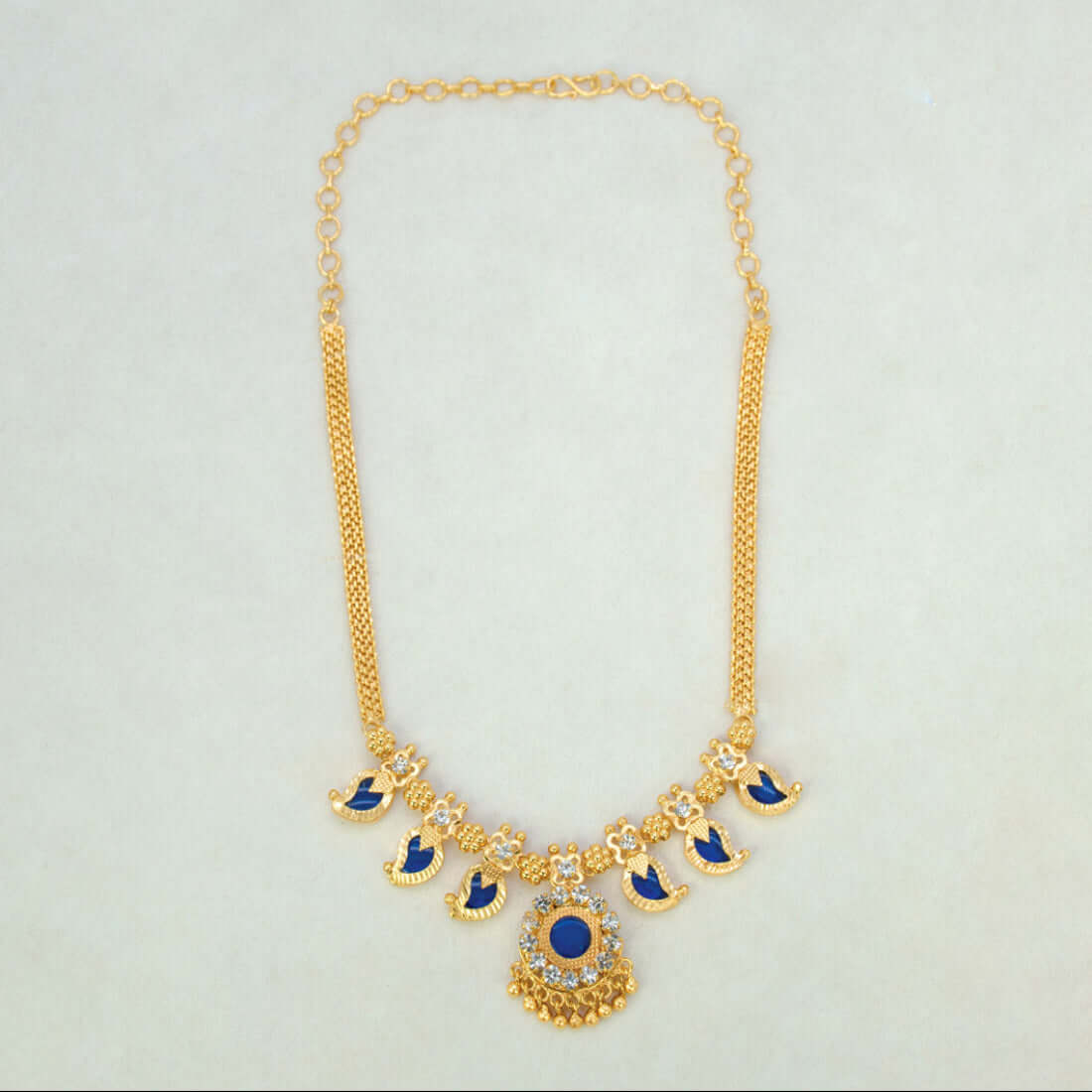 Kerala Traditional Gold Plated Short Mango Necklace- 3 Stone- Blue