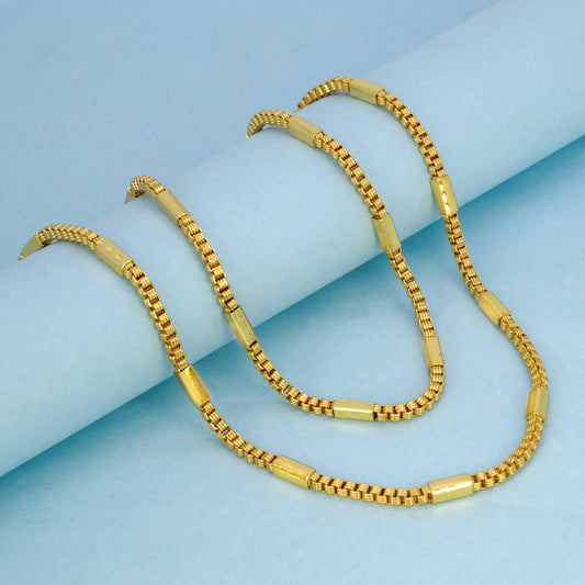 Stylish Gold Plated Thick Box Savitham Chain displayed on a blue background, featuring unique square box and rectangular links.